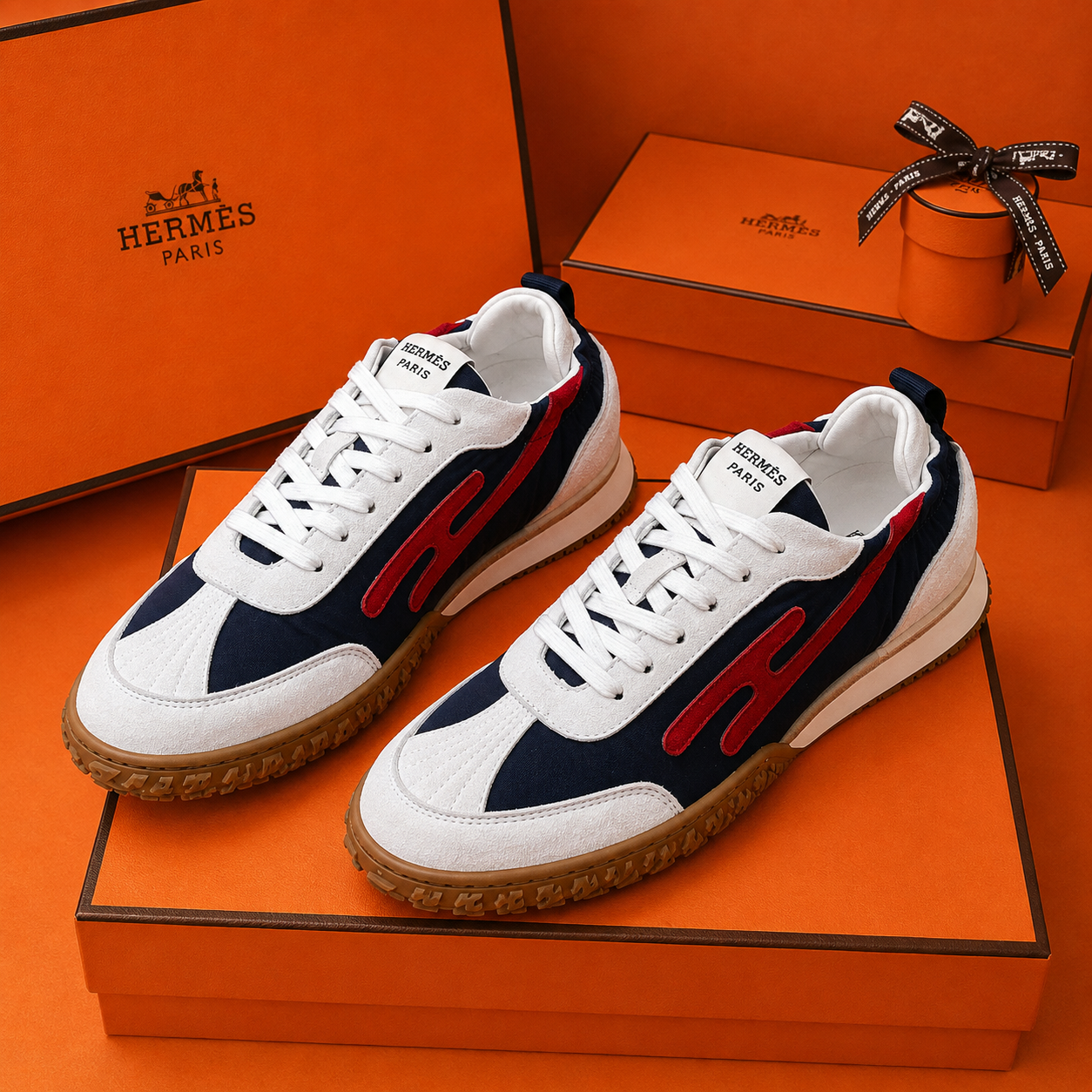 Hermès Casual Sneakers Navy White Red Suede SW-EV254