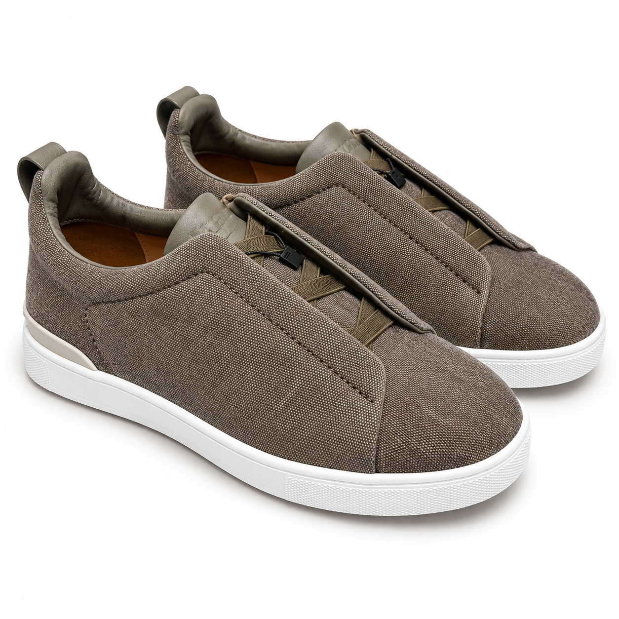 Zegna Triple Stitch Slip On Sneakers Taupe Fabric SW-SN049