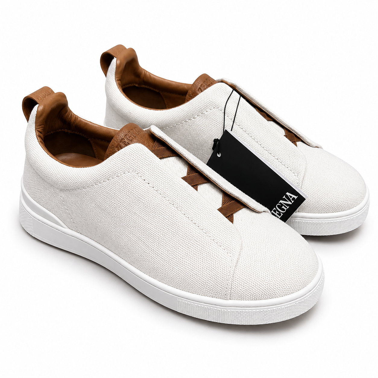 Zegna Triple Stitch Slip On Sneakers Off White Fabric Brown Trim SW-SN050