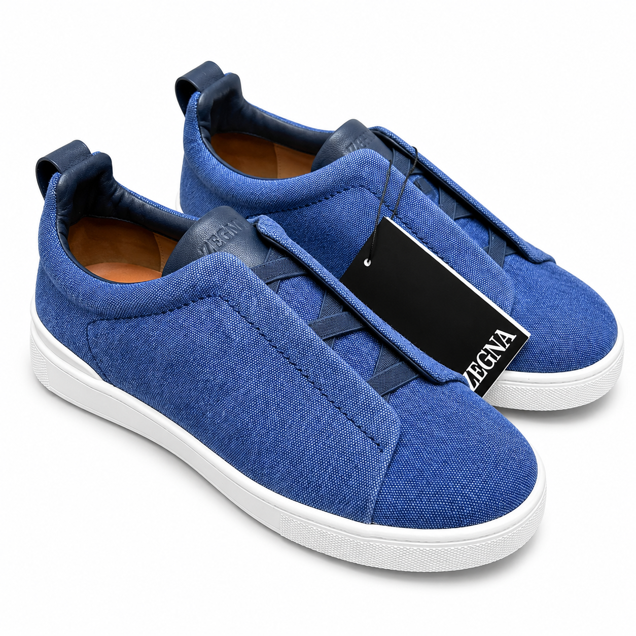 Zegna Triple Stitch Slip On Sneakers Blue Fabric Navy Trim SW-SN051