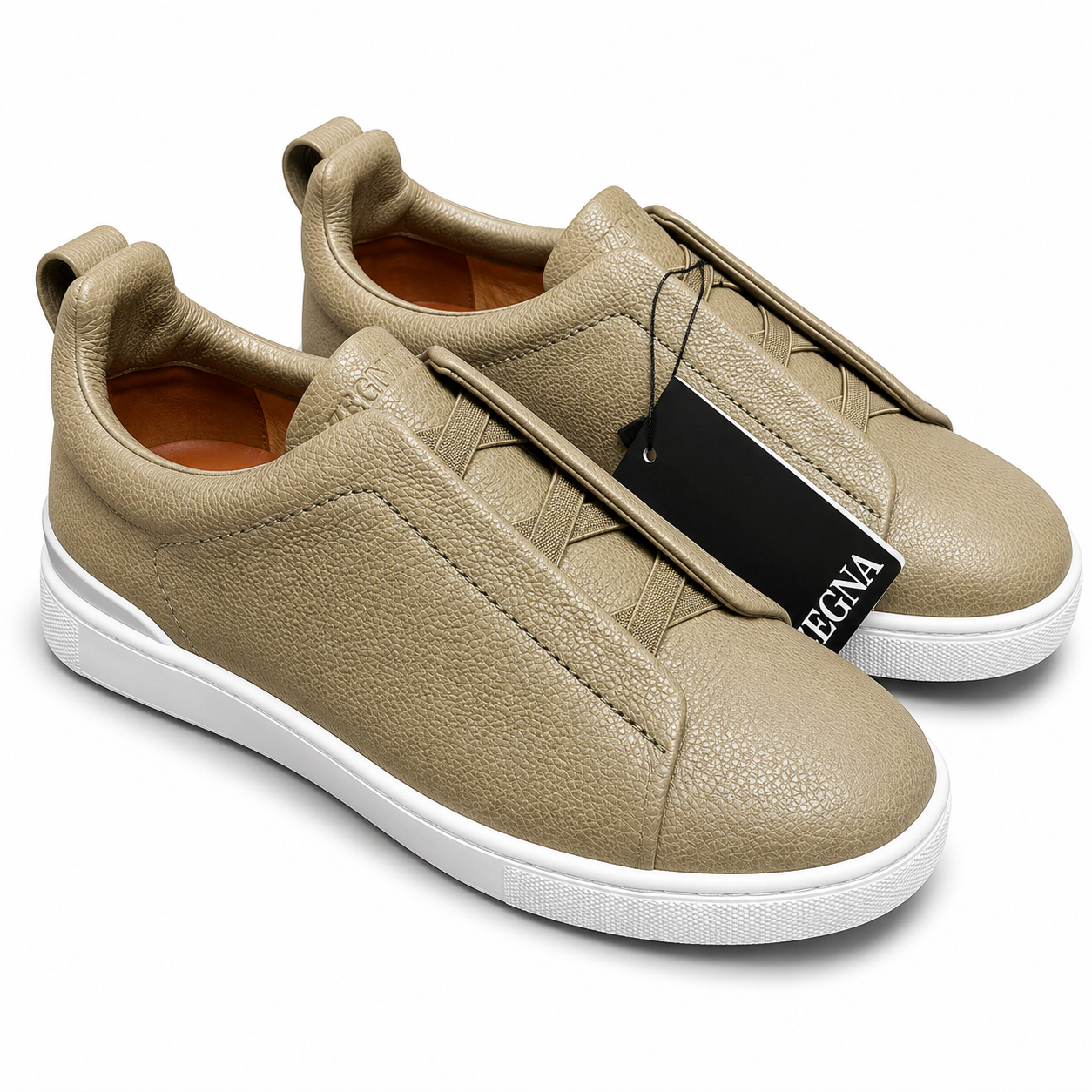 Zegna Triple Stitch Slip On Sneakers Khaki Grain Leather SW-SN053