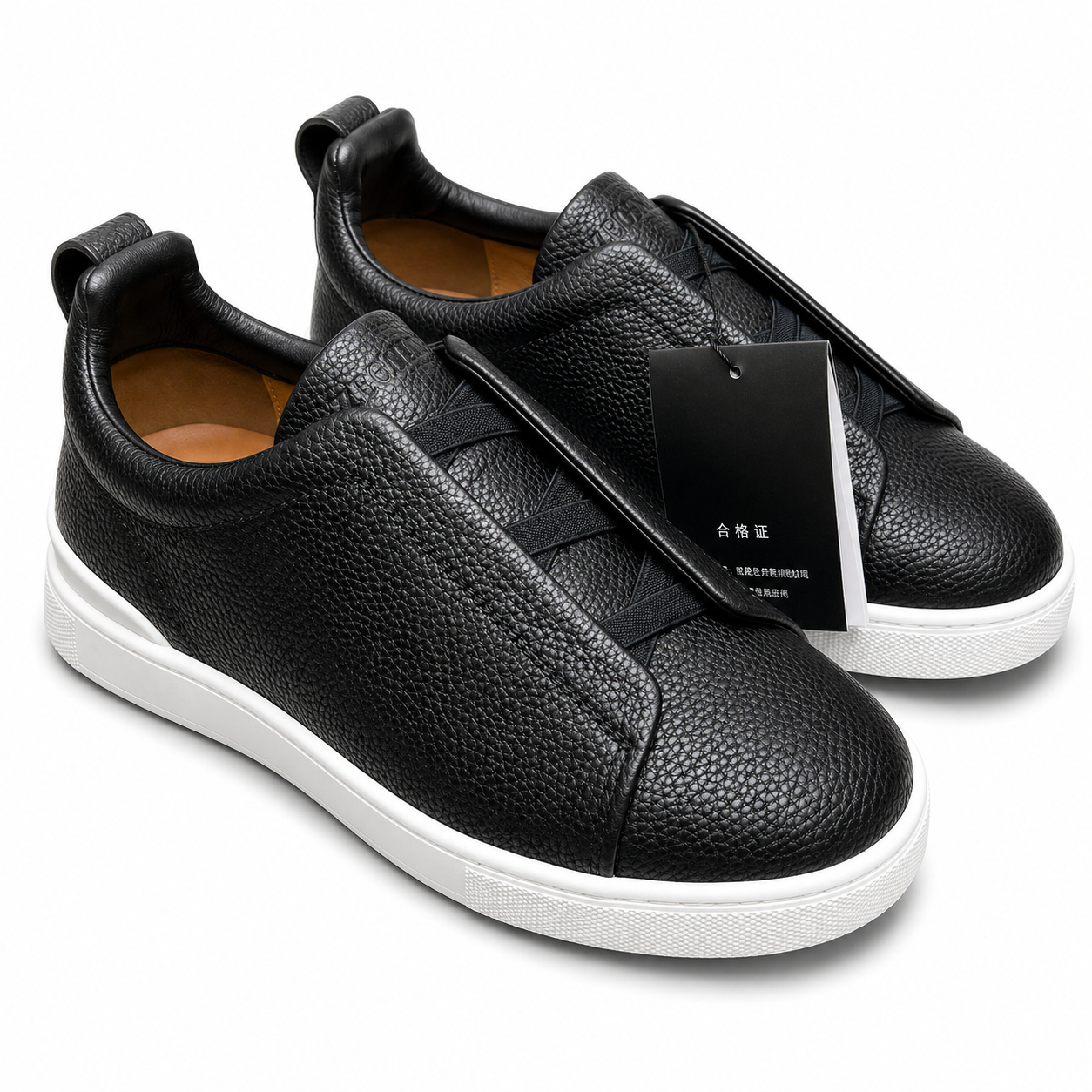 Zegna Triple Stitch Slip On Sneakers Black Grain Leather SW-SN058