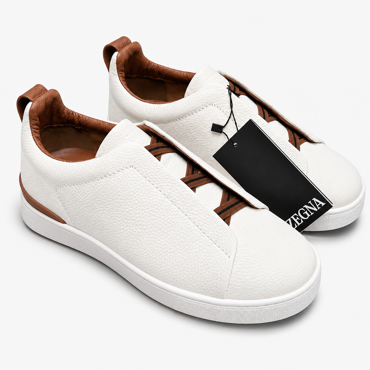 Zegna Triple Stitch Slip On Sneakers Off White Grain Leather SW-SN055