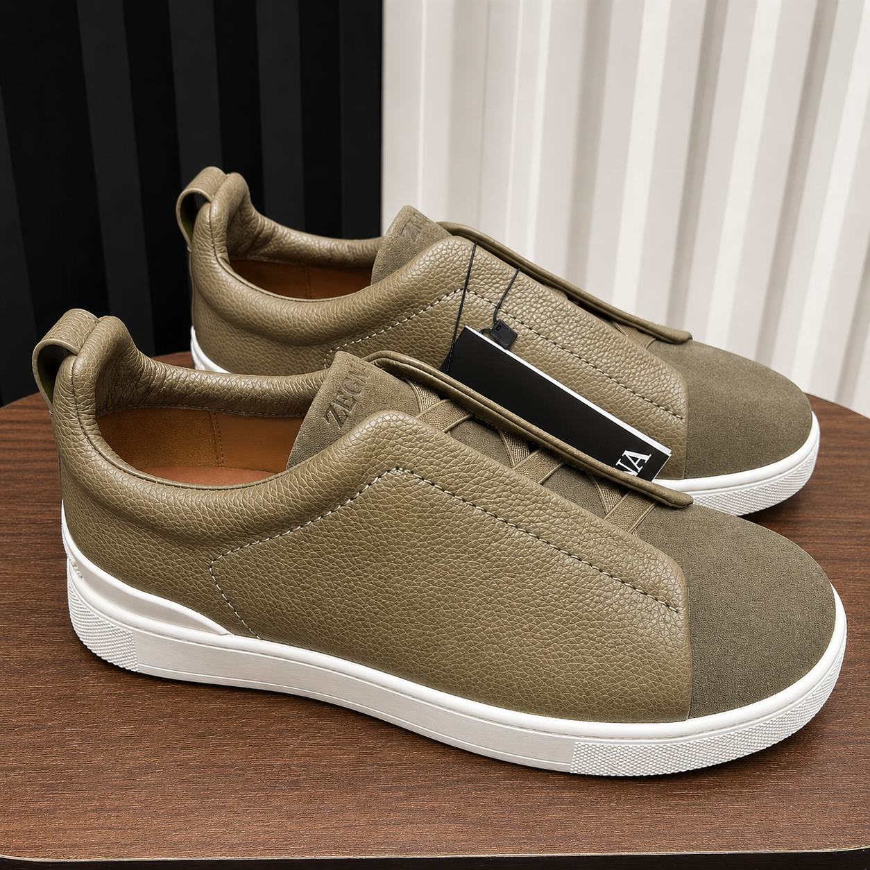 Zegna Triple Stitch Slip On Sneakers Khaki SW-SN036