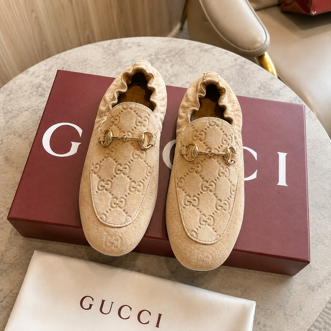 GUCCI GG Suede Loafers Beige SW-SN072