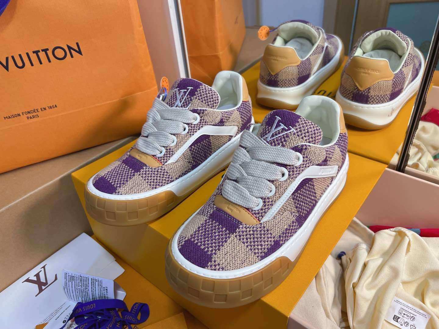Purple Beige Plaid Knit Breathable Skate Shoes Unisex Lace Up Casual Sneakers