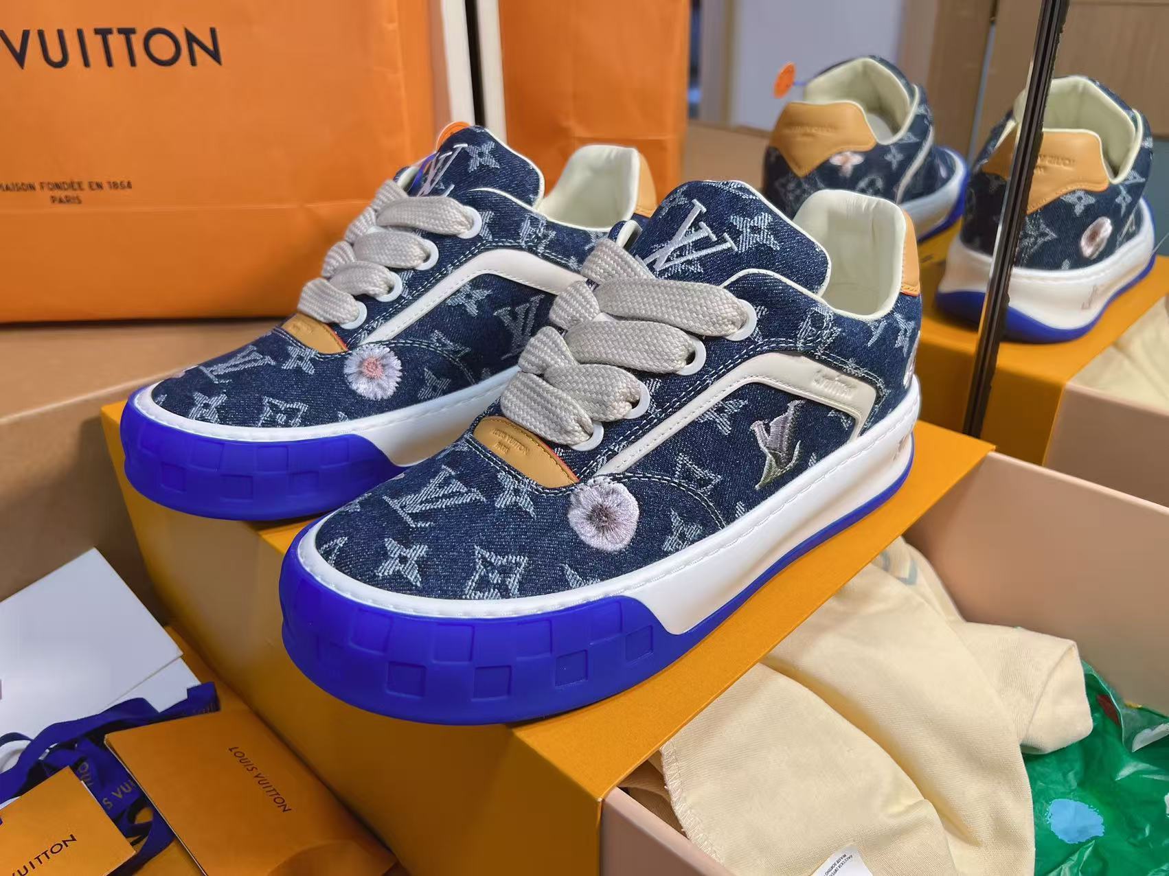 Dark Blue Denim Printed Skate Shoes Unisex Trendy Lace Up Casual Sneakers