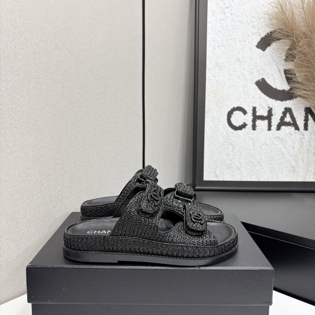 Chanel Slide Sandals Black Woven SW-EV215