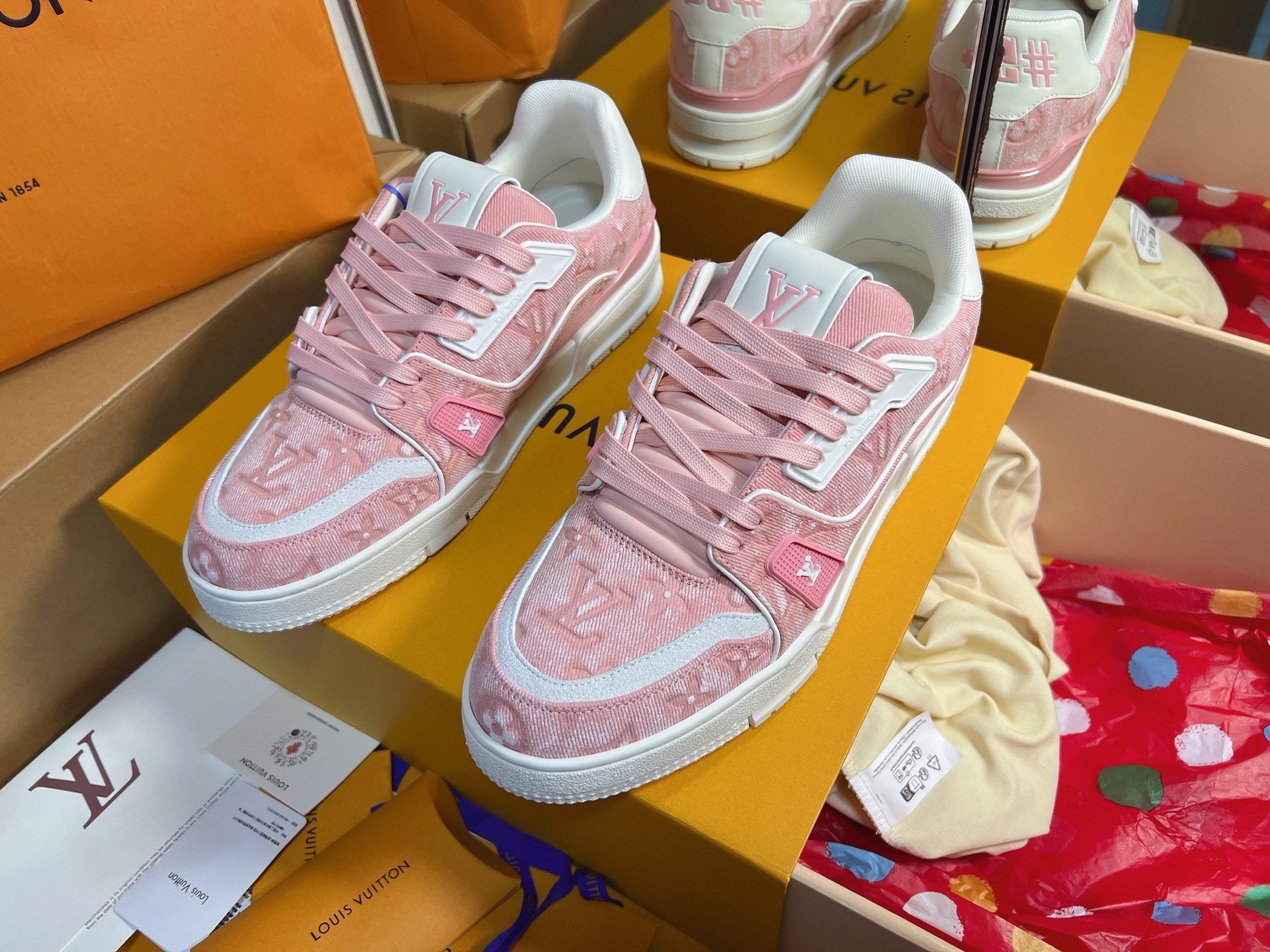 Pink Denim Print Skate Shoes Women Lace Up Flat Casual Sneakers
