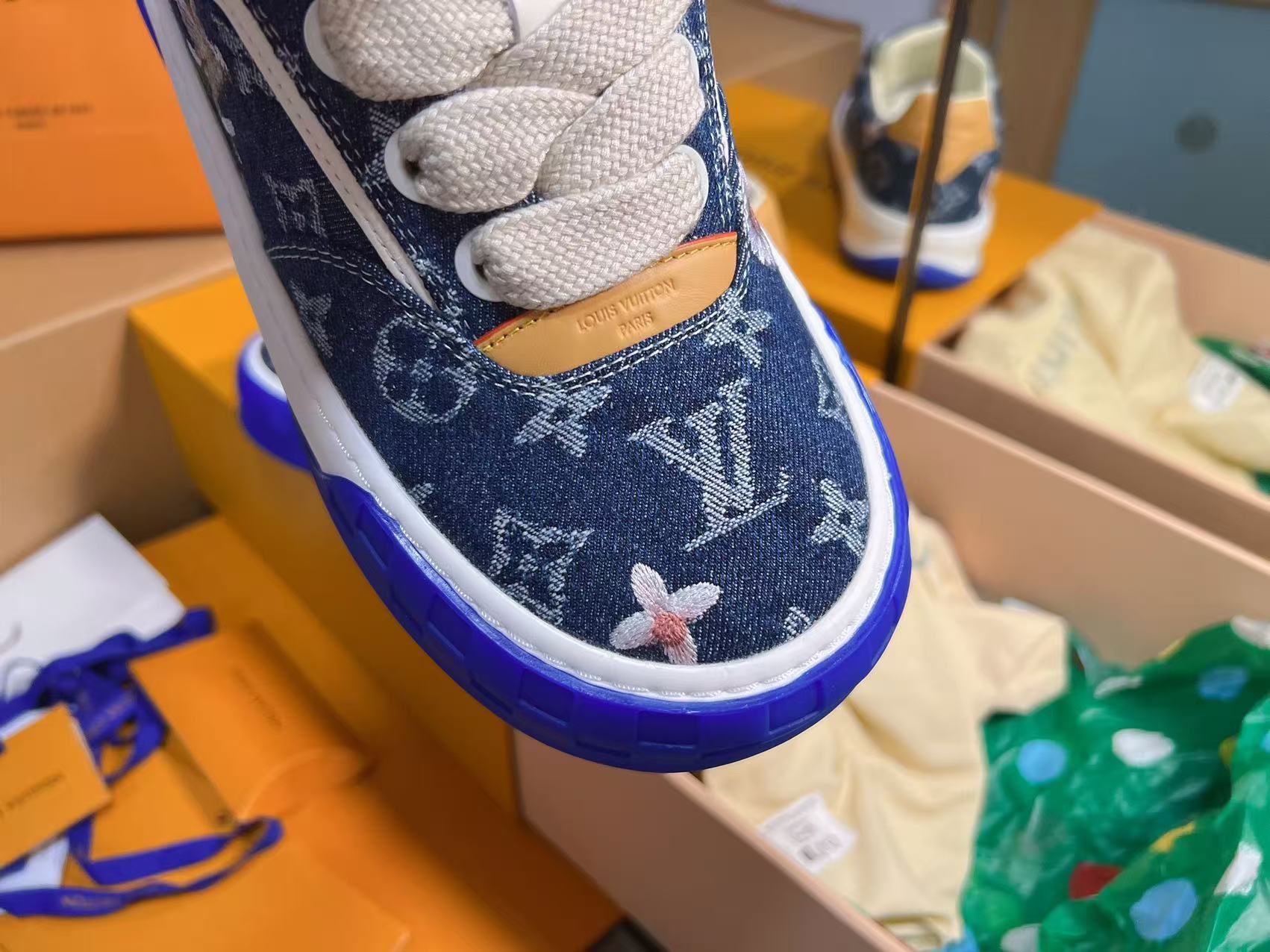 Dark Blue Denim Printed Skate Shoes Unisex Trendy Lace Up Casual Sneakers