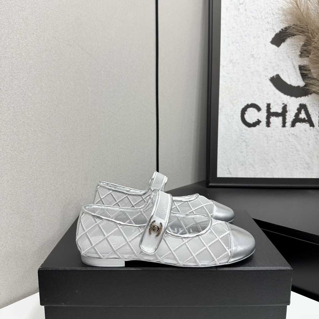 Chanel Mary Jane Flats Silver Mesh SW-EV219