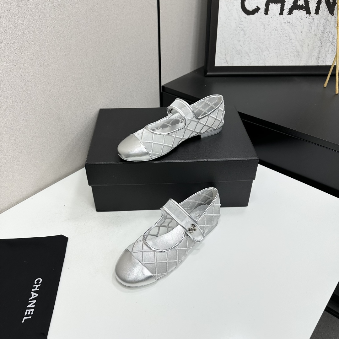 Chanel Mary Jane Flats Silver Mesh SW-EV219