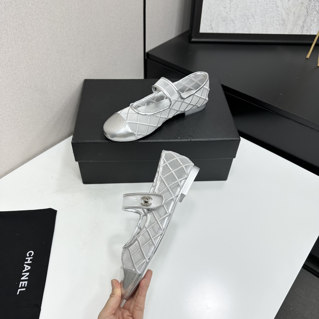 Chanel Mary Jane Flats Silver Mesh SW-EV219