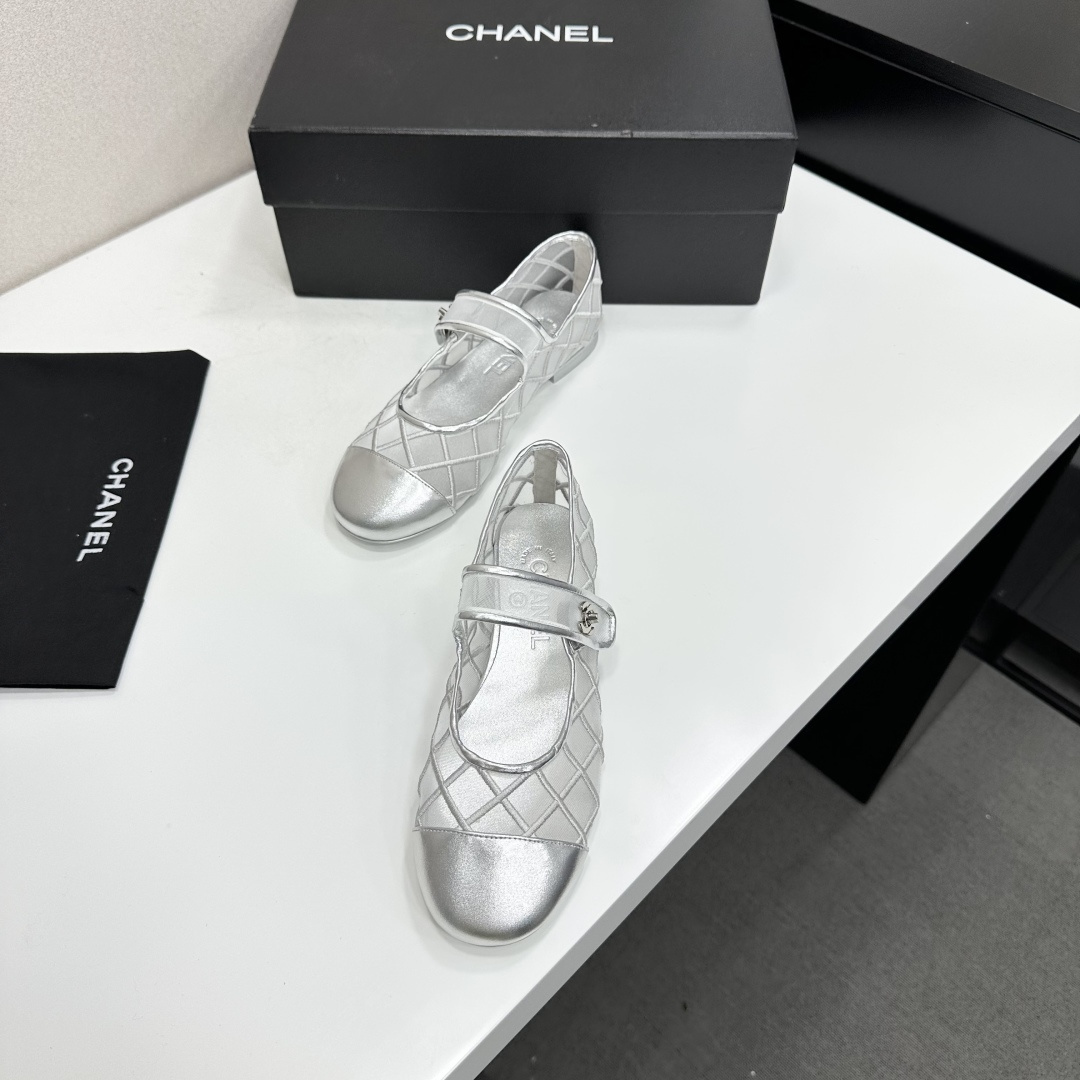 Chanel Mary Jane Flats Silver Mesh SW-EV219