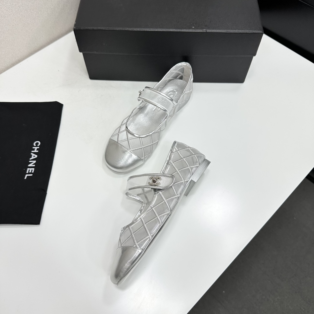 Chanel Mary Jane Flats Silver Mesh SW-EV219