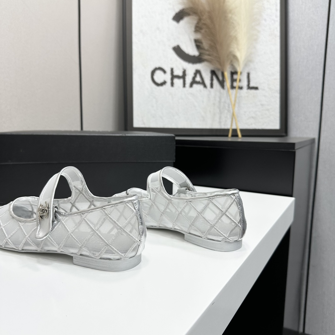Chanel Mary Jane Flats Silver Mesh SW-EV219