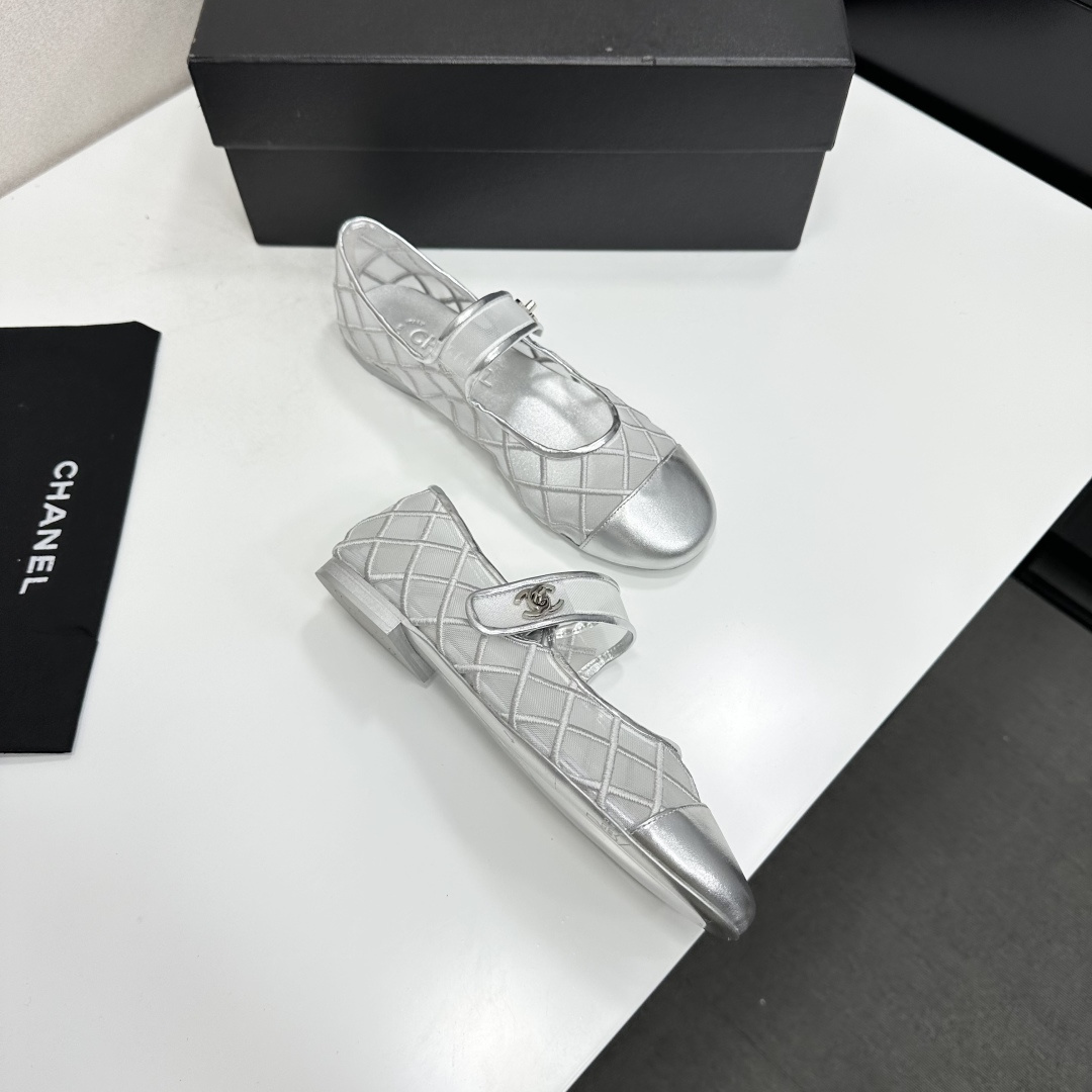 Chanel Mary Jane Flats Silver Mesh SW-EV219