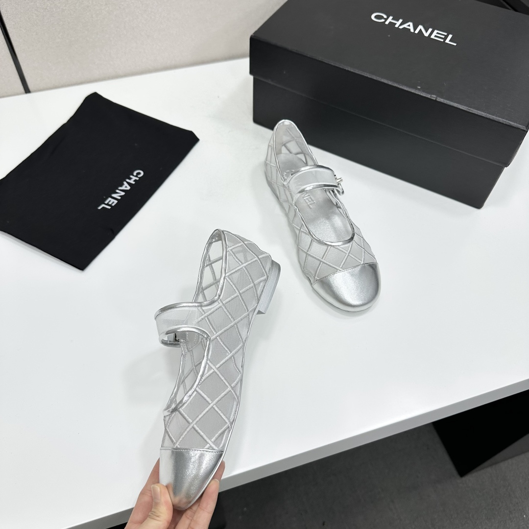 Chanel Mary Jane Flats Silver Mesh SW-EV219