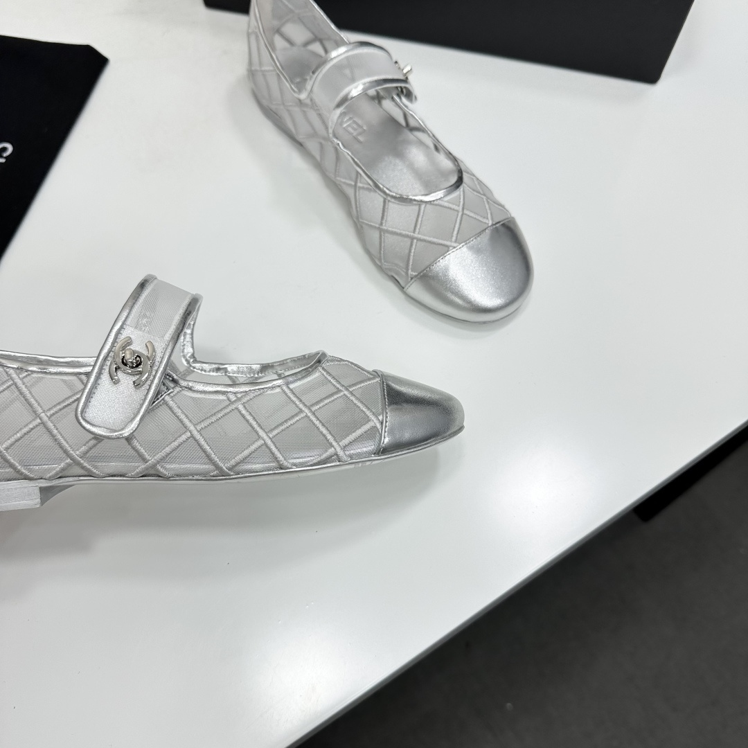Chanel Mary Jane Flats Silver Mesh SW-EV219