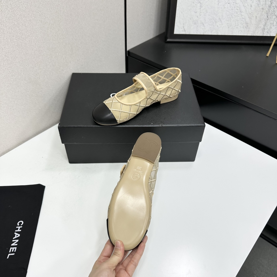 Chanel Mary Jane Flats Beige Mesh SW-EV217