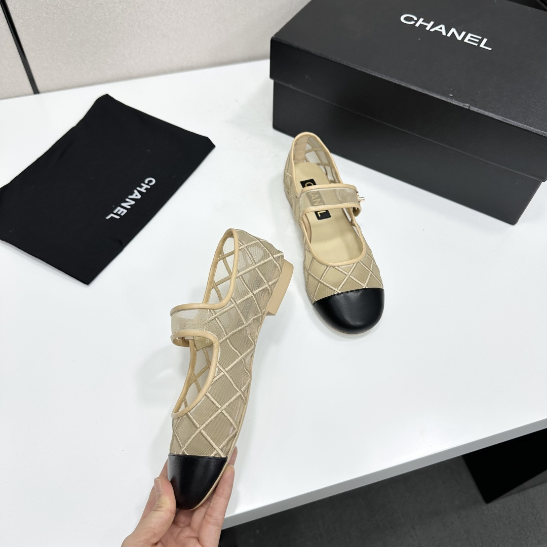 Chanel Mary Jane Flats Beige Mesh SW-EV217