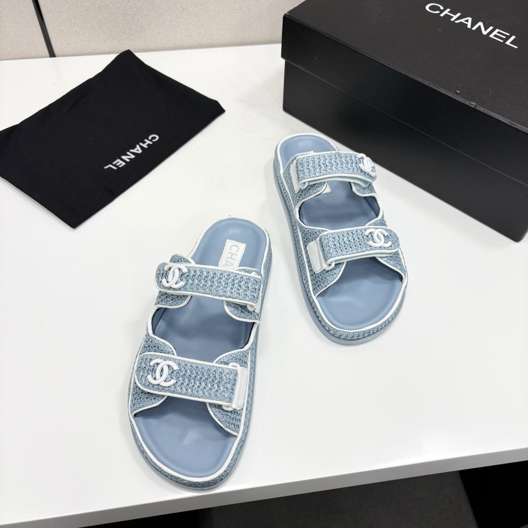 Chanel Slide Sandals Light Blue Woven SW-EV216