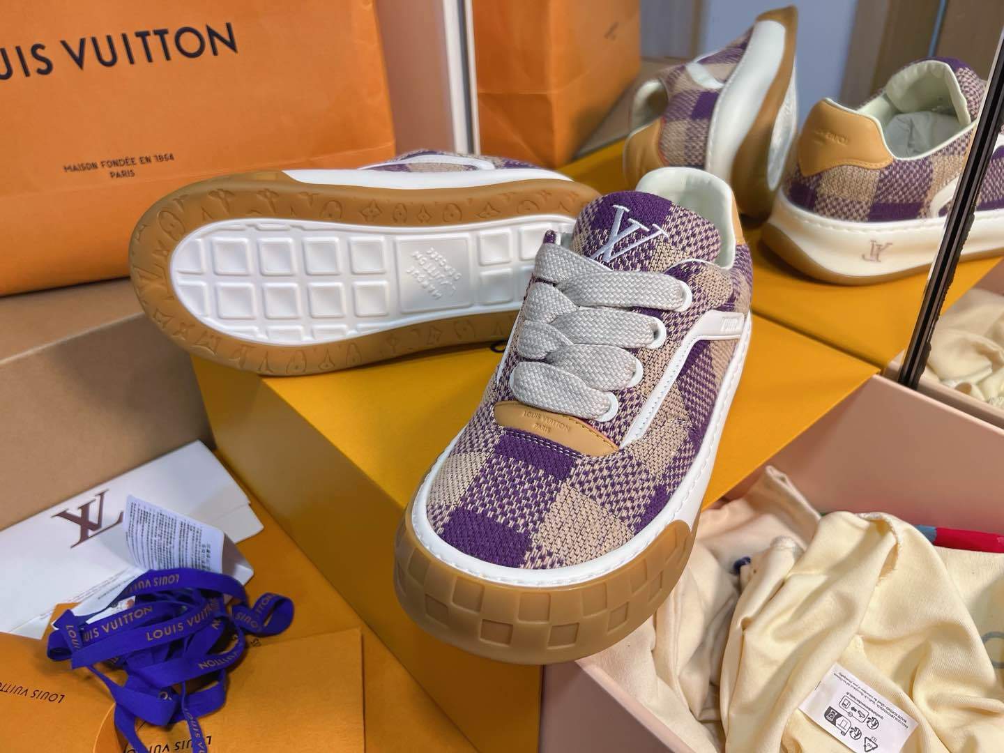 Purple Beige Plaid Knit Breathable Skate Shoes Unisex Lace Up Casual Sneakers