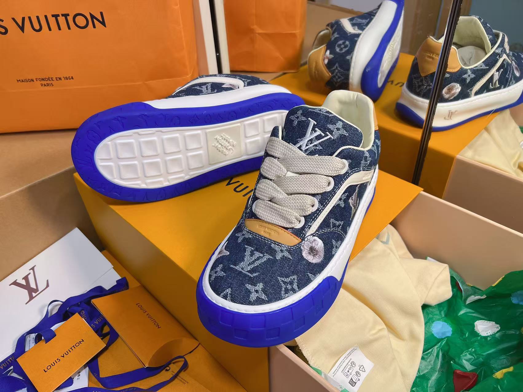 Dark Blue Denim Printed Skate Shoes Unisex Trendy Lace Up Casual Sneakers