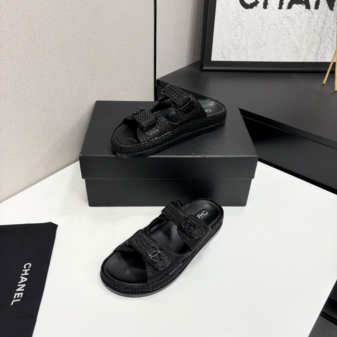 Chanel Slide Sandals Black Woven SW-EV215