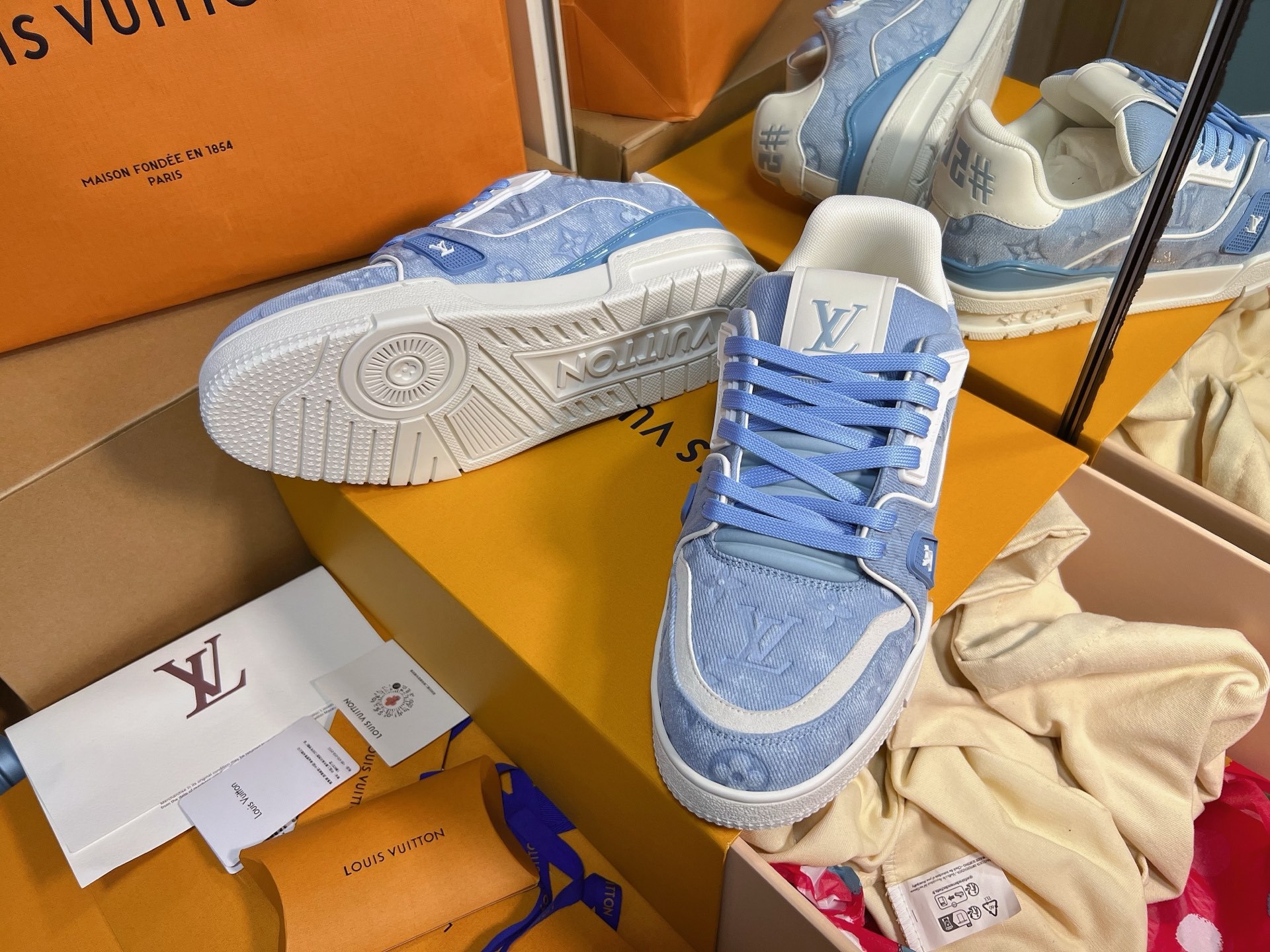 Blue Denim Print Skate Shoes Men Women Lace Up Flat Casual Sneakers