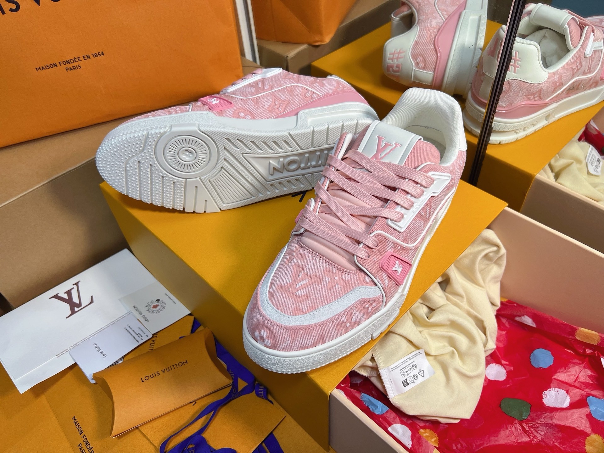 Pink Denim Print Skate Shoes Women Lace Up Flat Casual Sneakers
