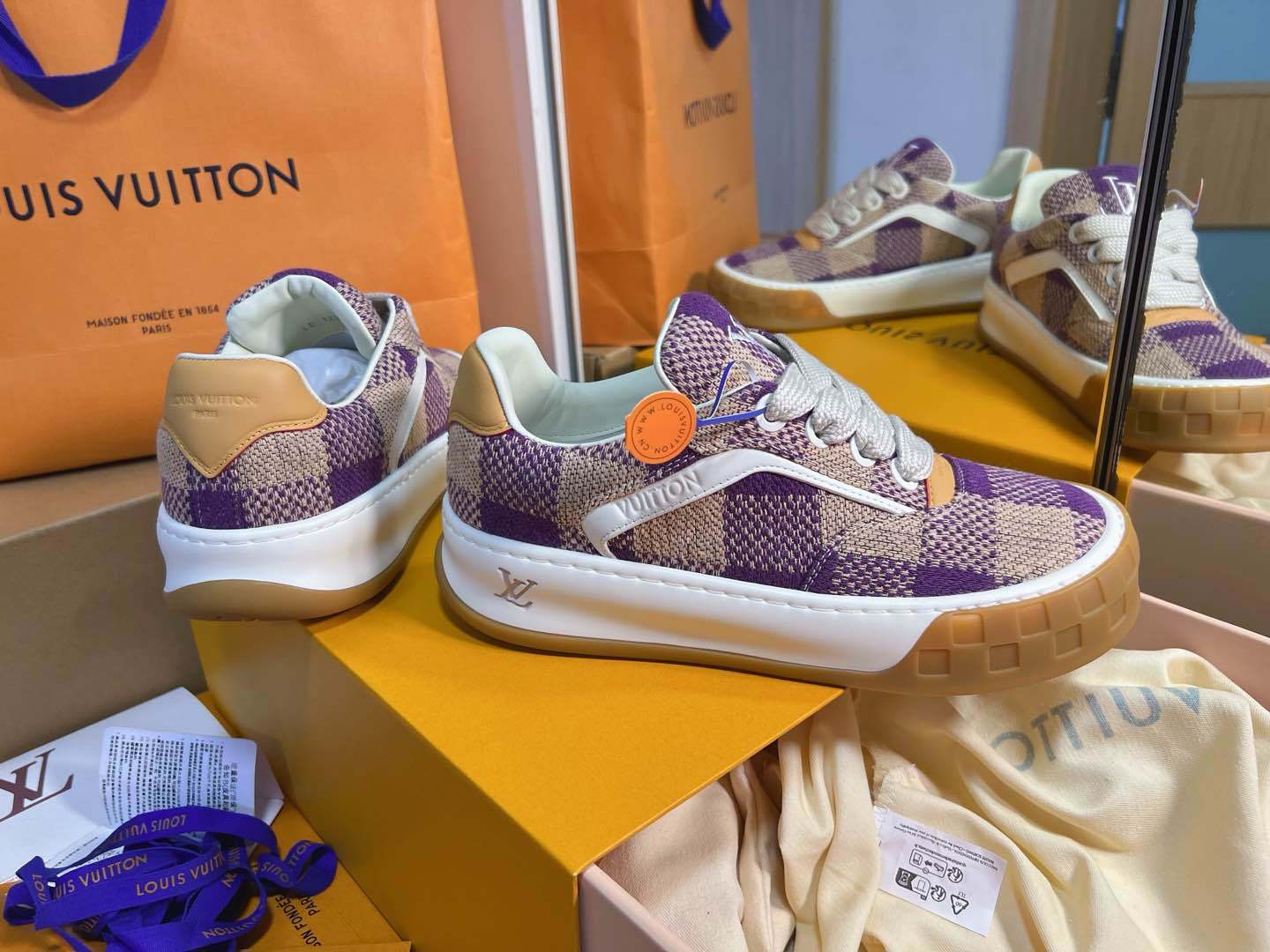 Purple Beige Plaid Knit Breathable Skate Shoes Unisex Lace Up Casual Sneakers