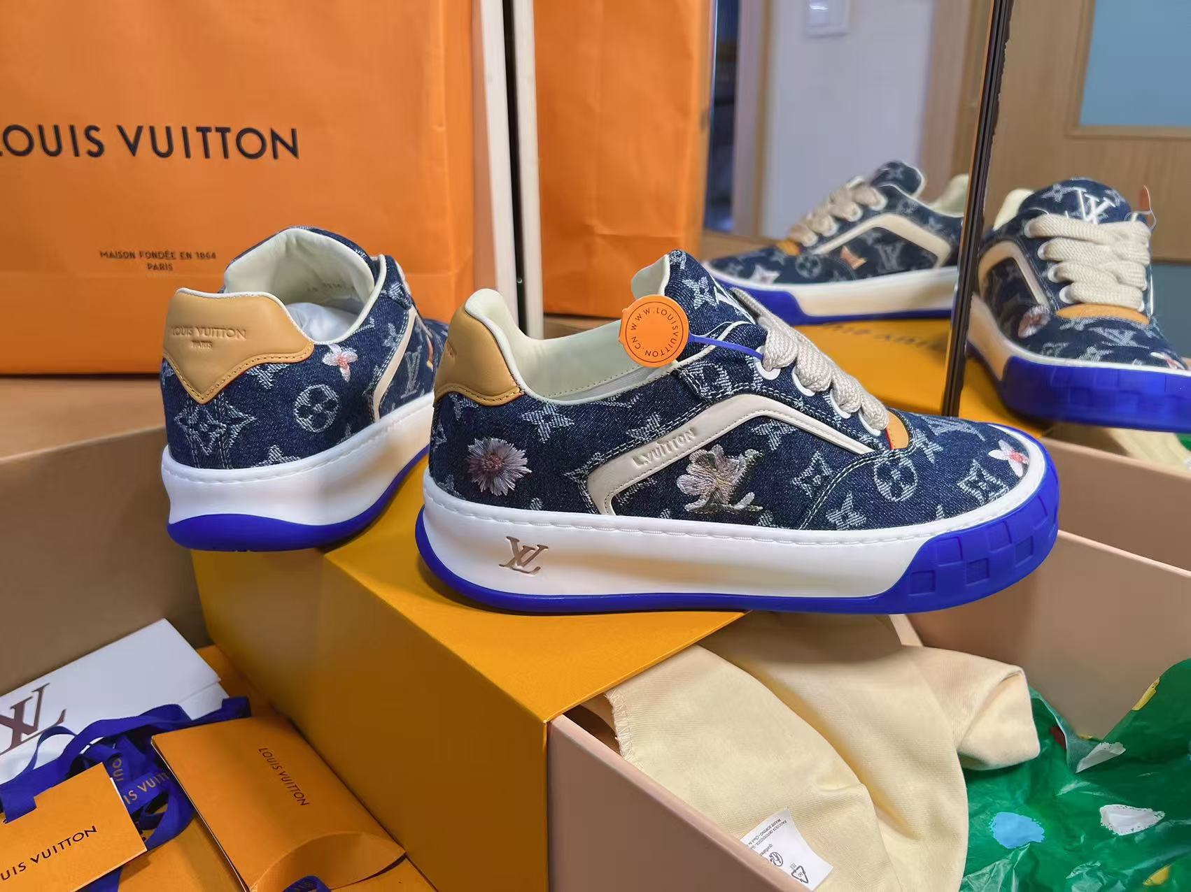 Dark Blue Denim Printed Skate Shoes Unisex Trendy Lace Up Casual Sneakers