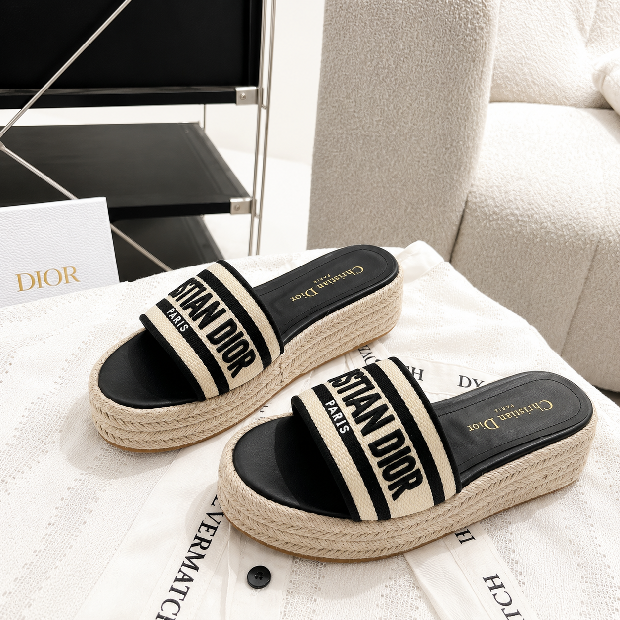 Christian Dior Platform Espadrille Slides Black White SW-SN031
