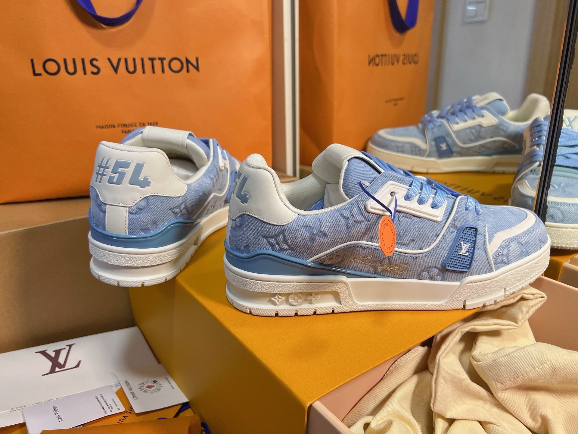 Blue Denim Print Skate Shoes Men Women Lace Up Flat Casual Sneakers