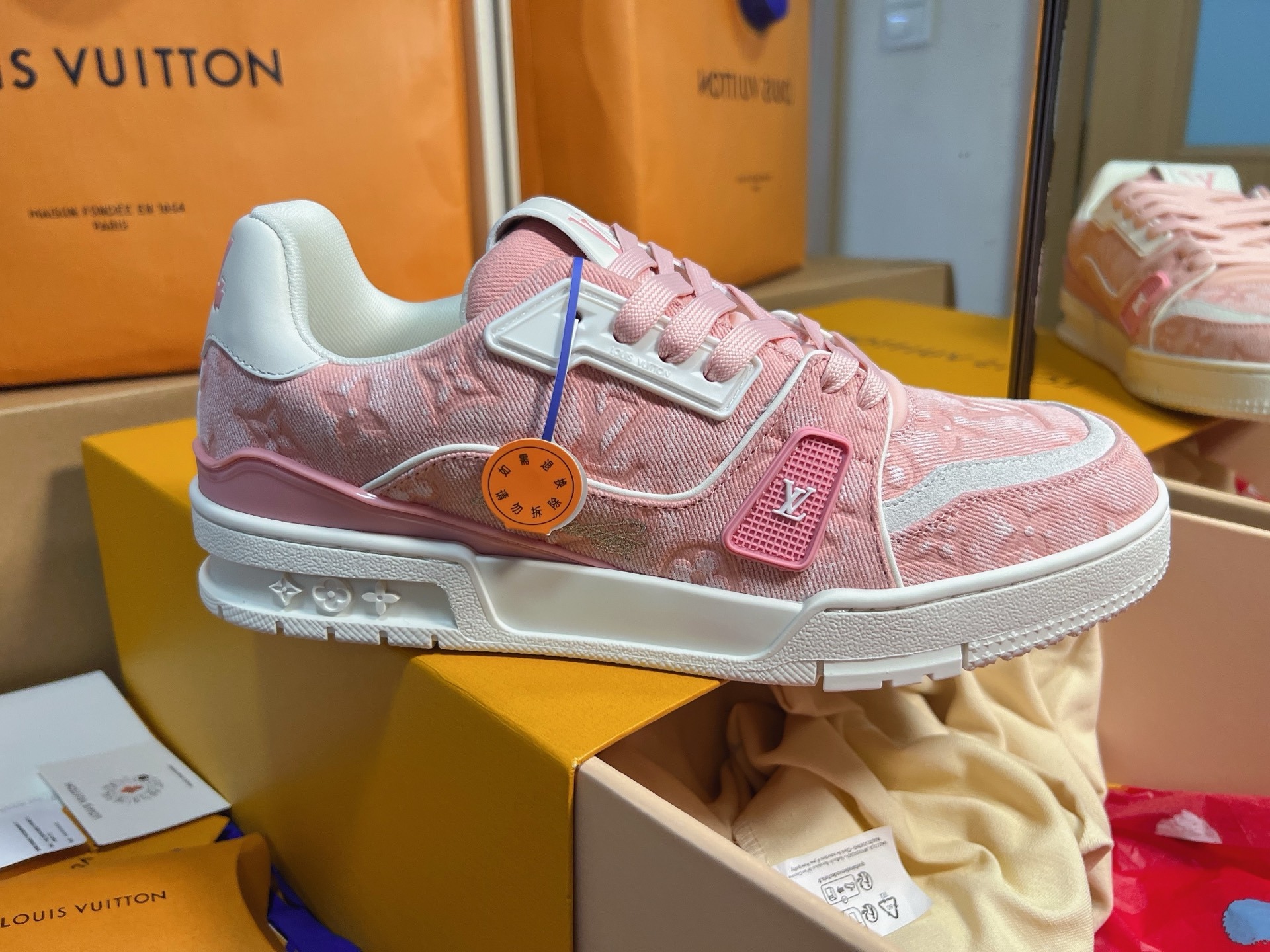 Pink Denim Print Skate Shoes Women Lace Up Flat Casual Sneakers