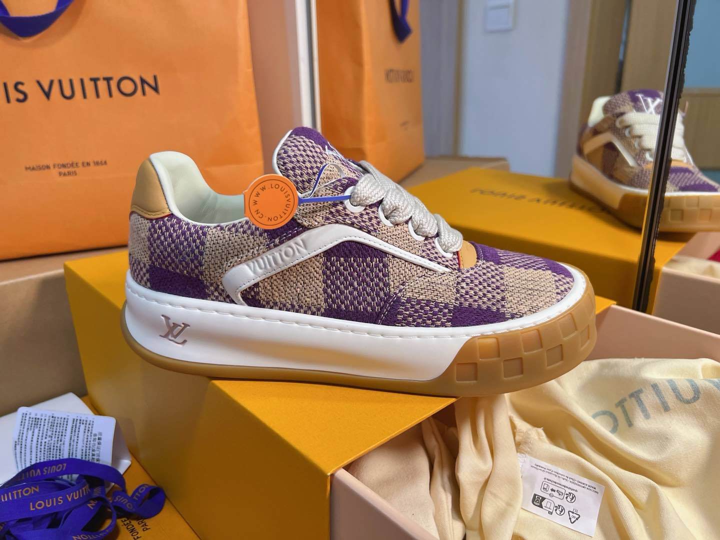 Purple Beige Plaid Knit Breathable Skate Shoes Unisex Lace Up Casual Sneakers