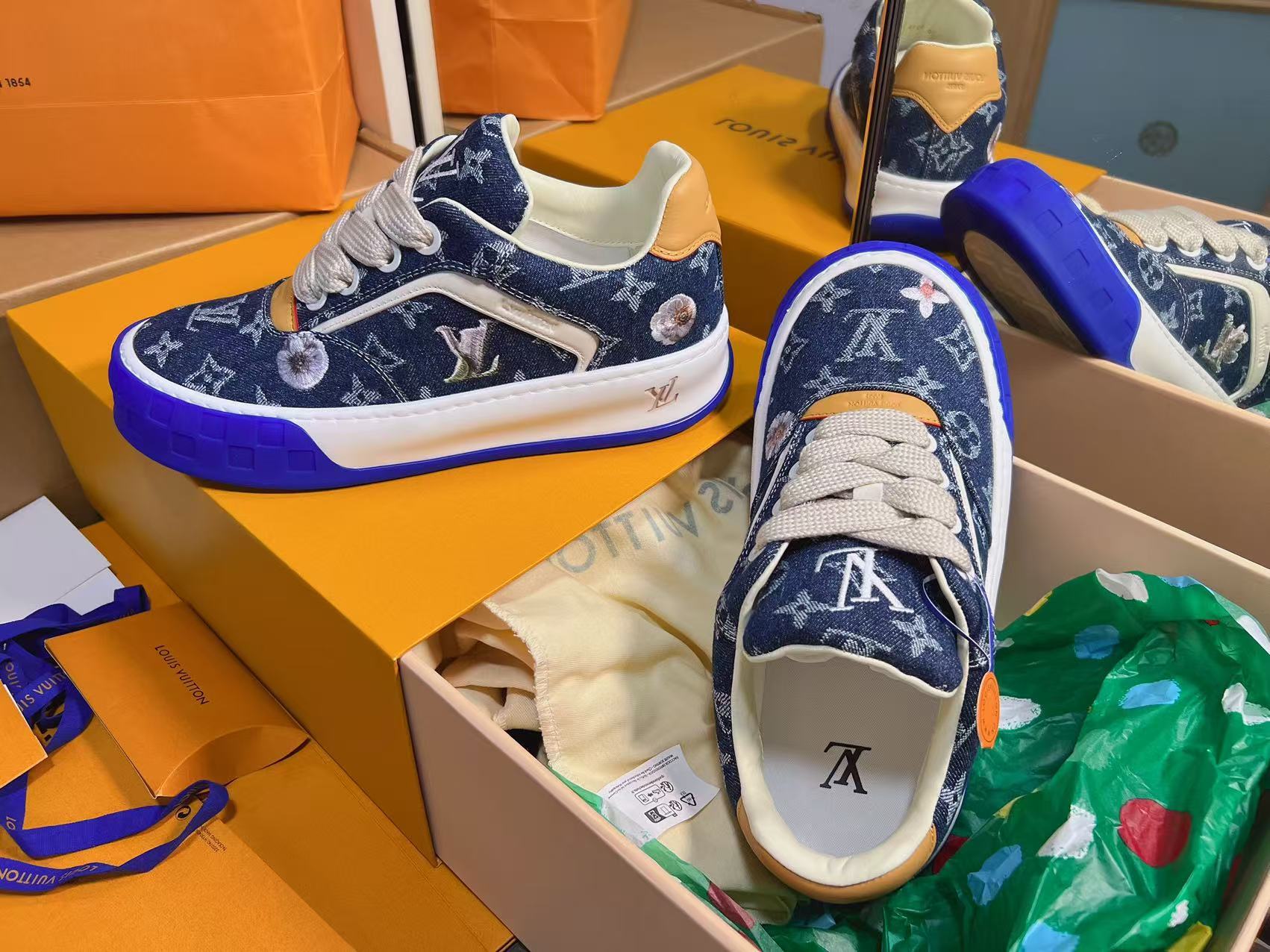 Dark Blue Denim Printed Skate Shoes Unisex Trendy Lace Up Casual Sneakers