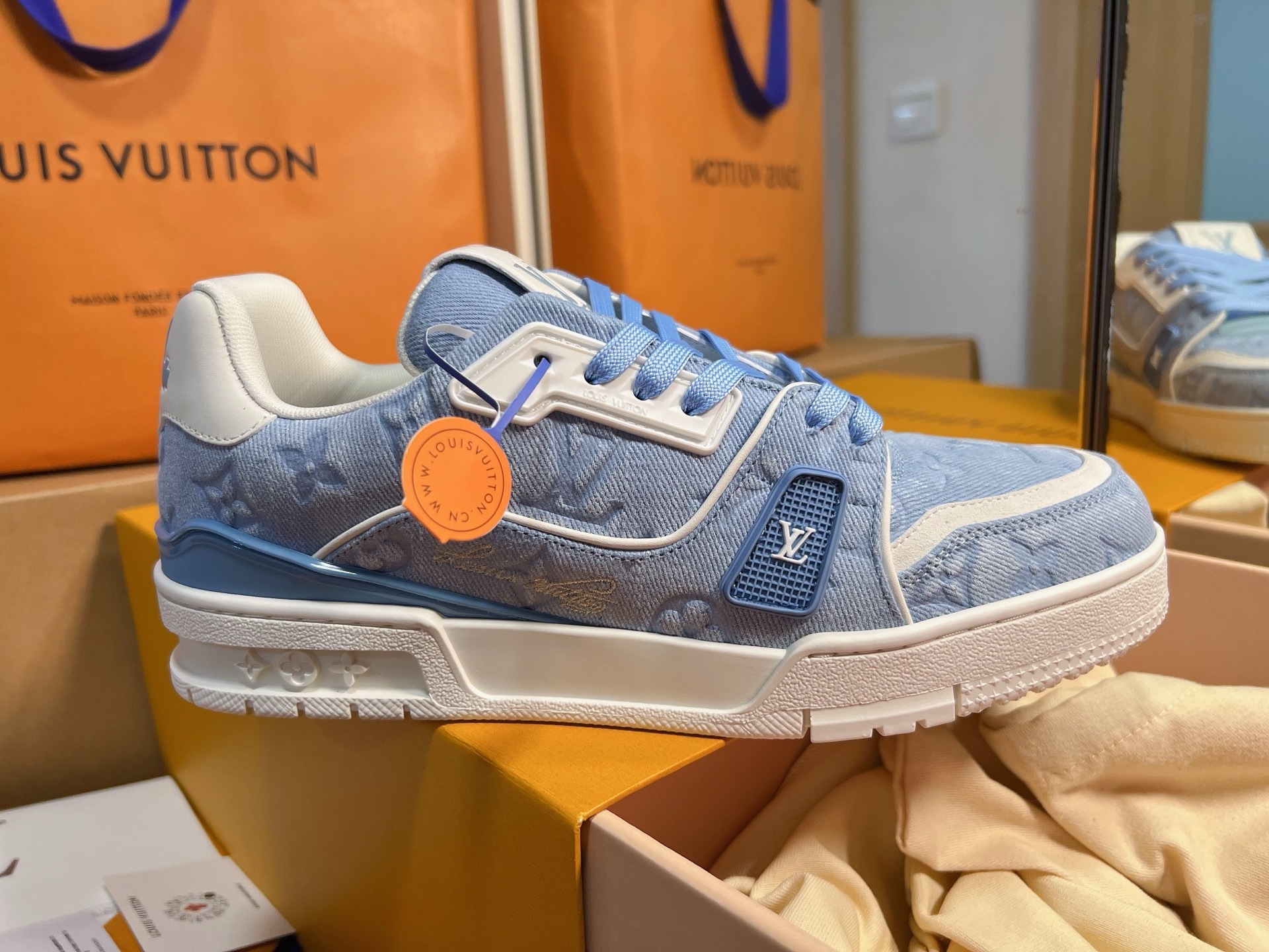 Blue Denim Print Skate Shoes Men Women Lace Up Flat Casual Sneakers