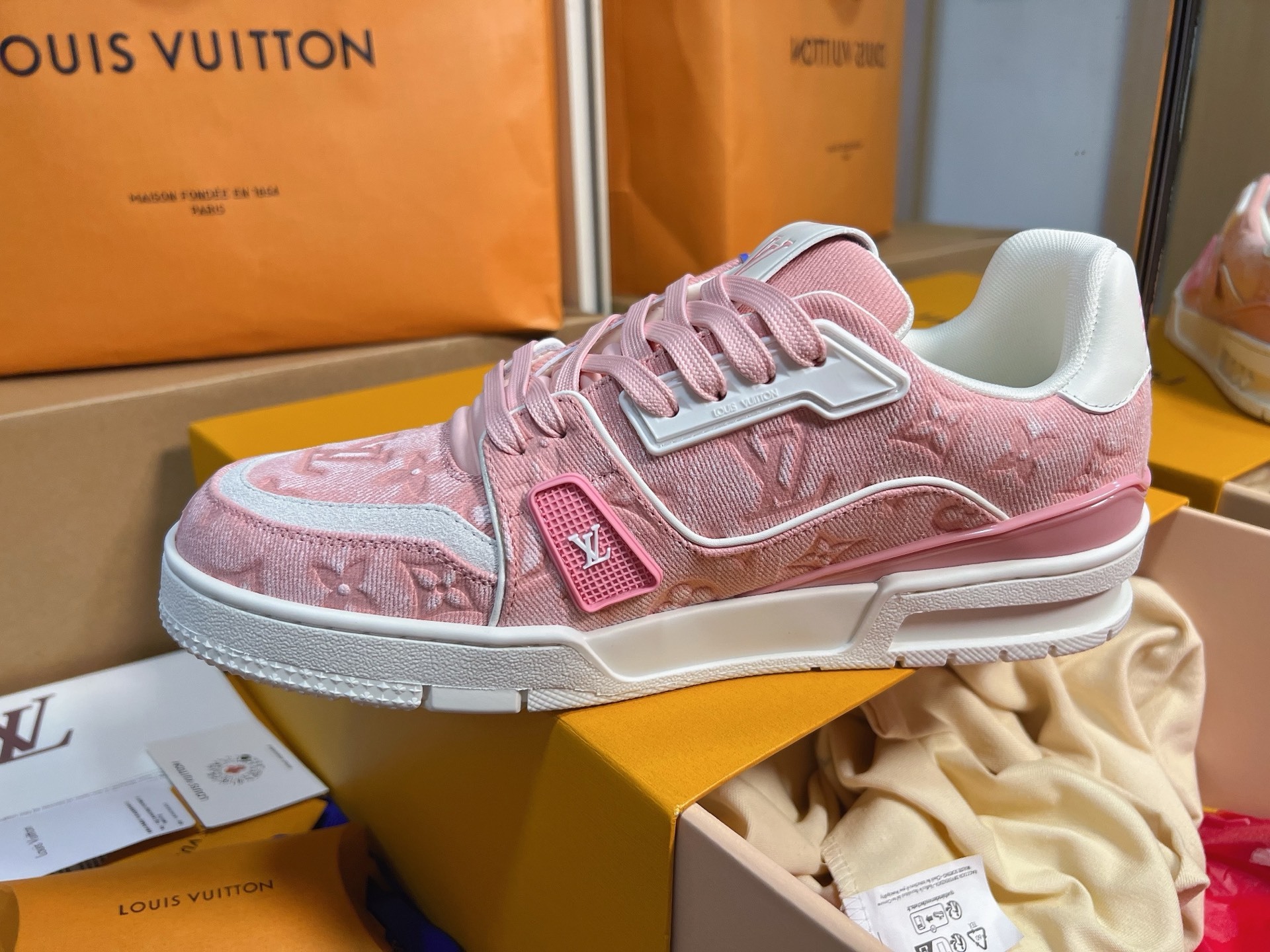 Pink Denim Print Skate Shoes Women Lace Up Flat Casual Sneakers