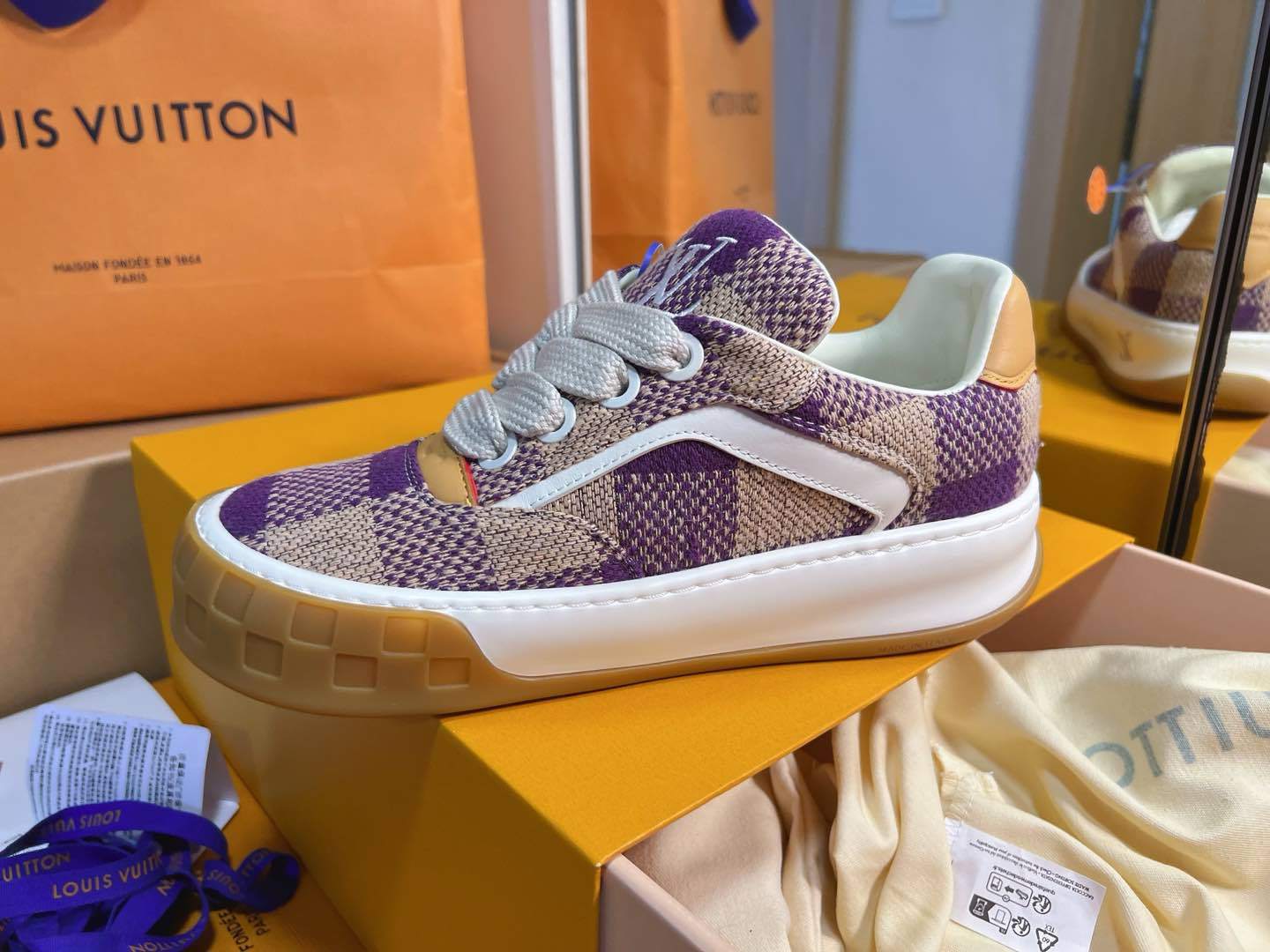 Purple Beige Plaid Knit Breathable Skate Shoes Unisex Lace Up Casual Sneakers