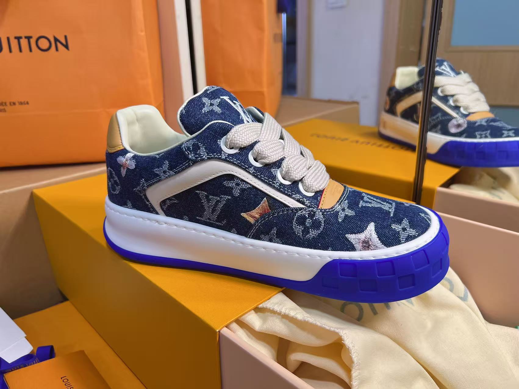 Dark Blue Denim Printed Skate Shoes Unisex Trendy Lace Up Casual Sneakers