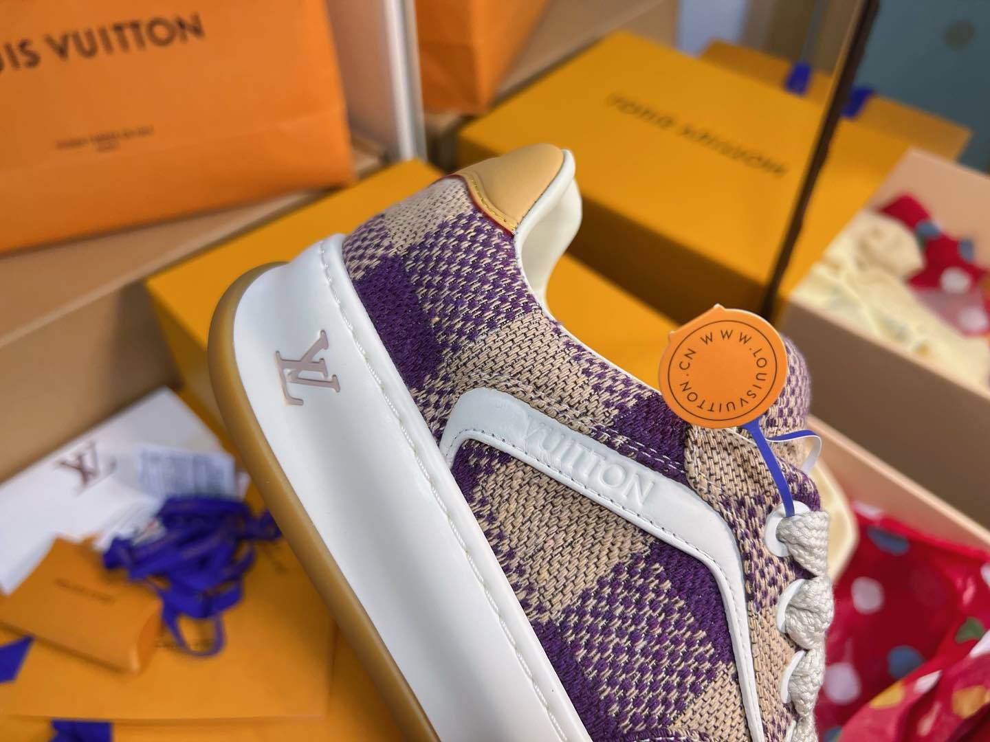 Purple Beige Plaid Knit Breathable Skate Shoes Unisex Lace Up Casual Sneakers