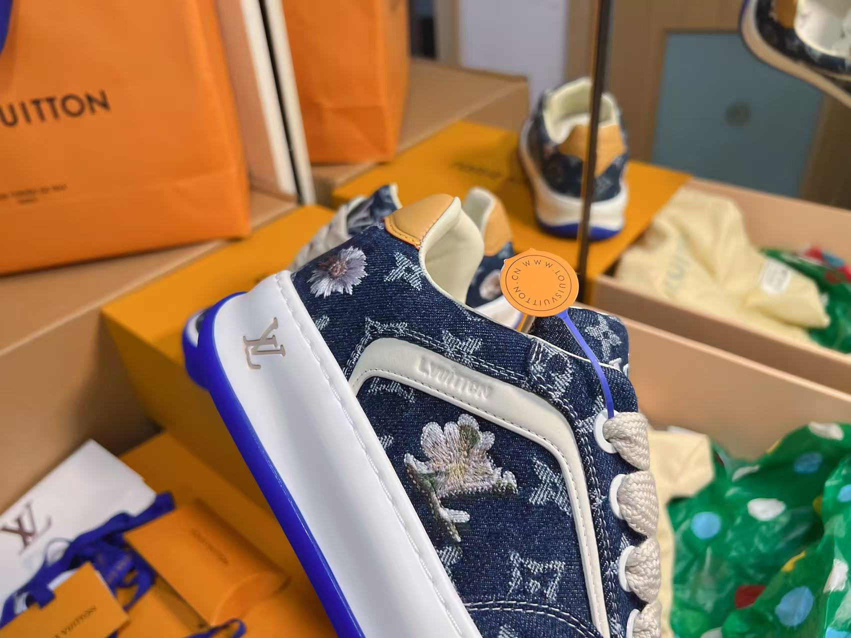 Dark Blue Denim Printed Skate Shoes Unisex Trendy Lace Up Casual Sneakers