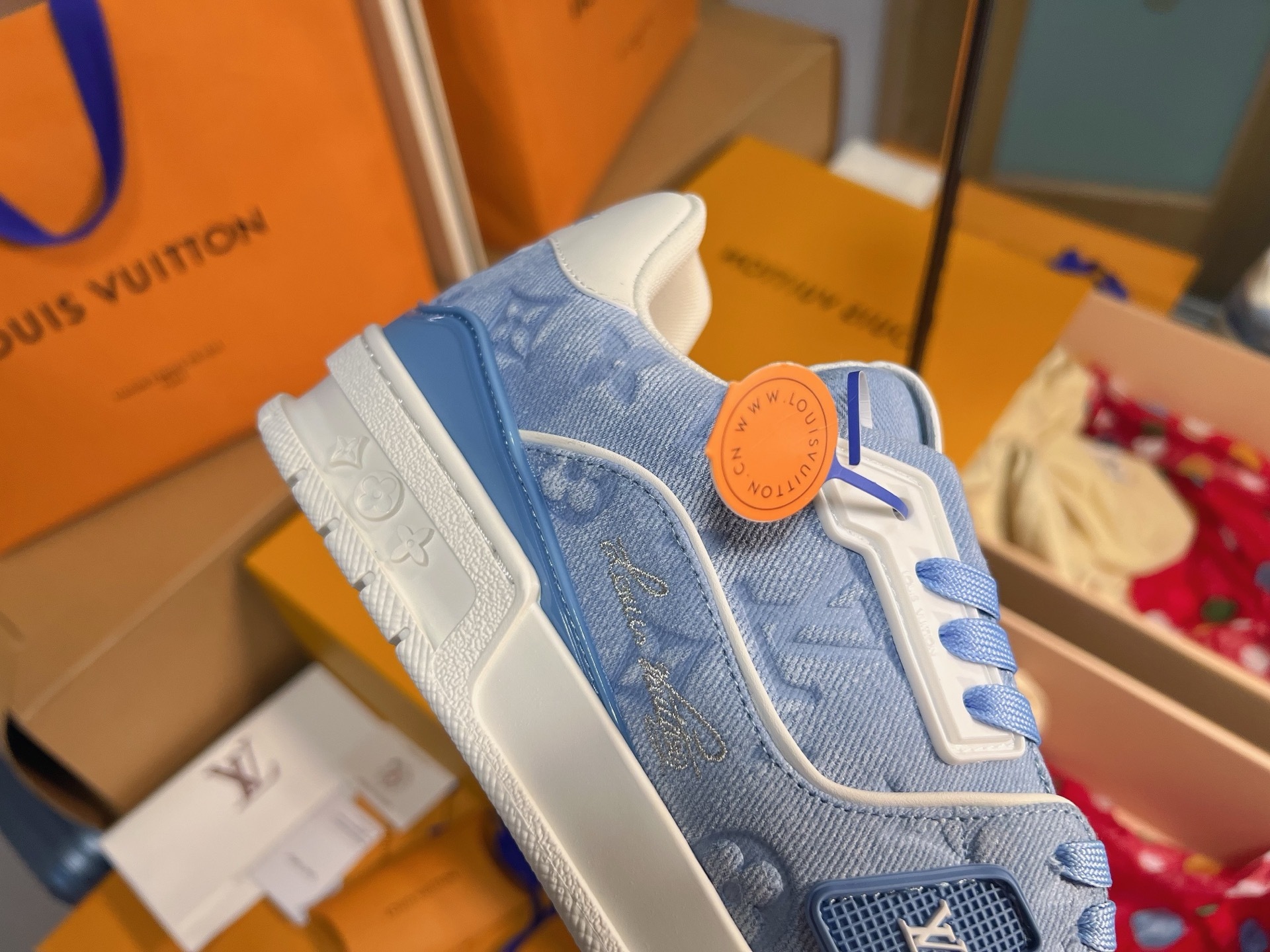 Blue Denim Print Skate Shoes Men Women Lace Up Flat Casual Sneakers