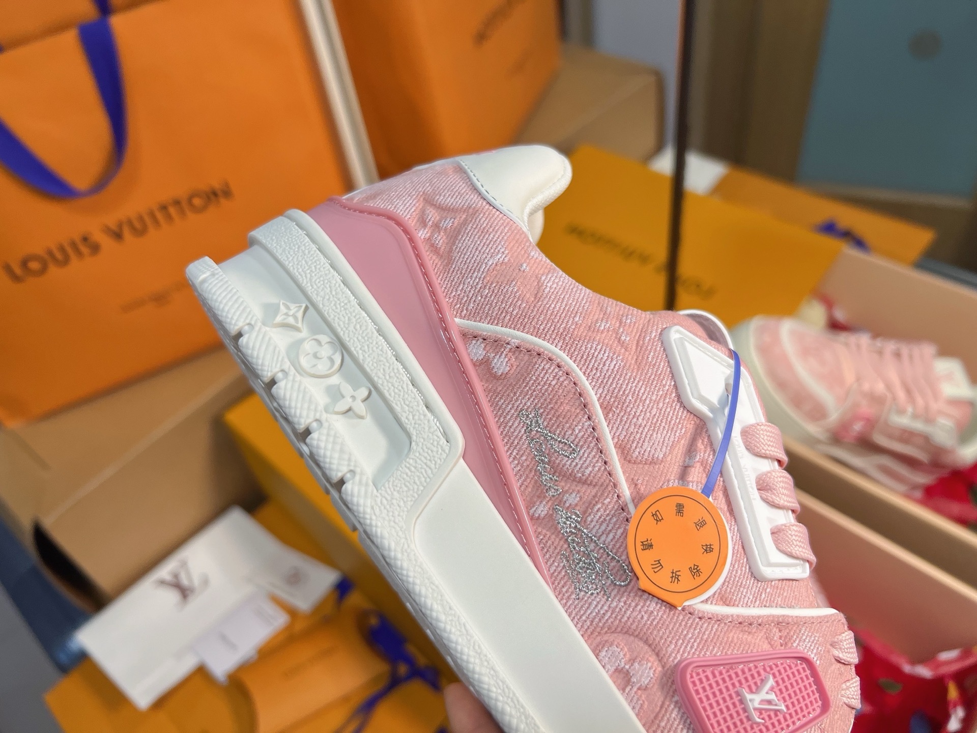 Pink Denim Print Skate Shoes Women Lace Up Flat Casual Sneakers