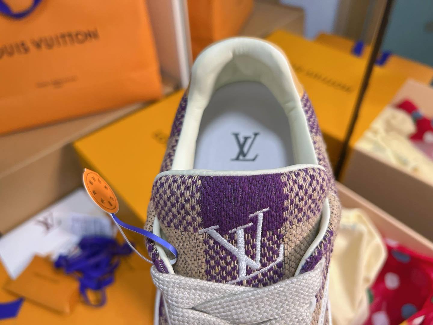 Purple Beige Plaid Knit Breathable Skate Shoes Unisex Lace Up Casual Sneakers