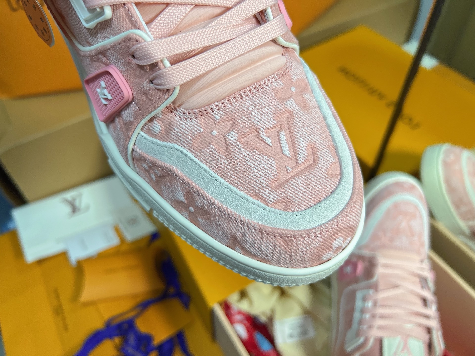 Pink Denim Print Skate Shoes Women Lace Up Flat Casual Sneakers