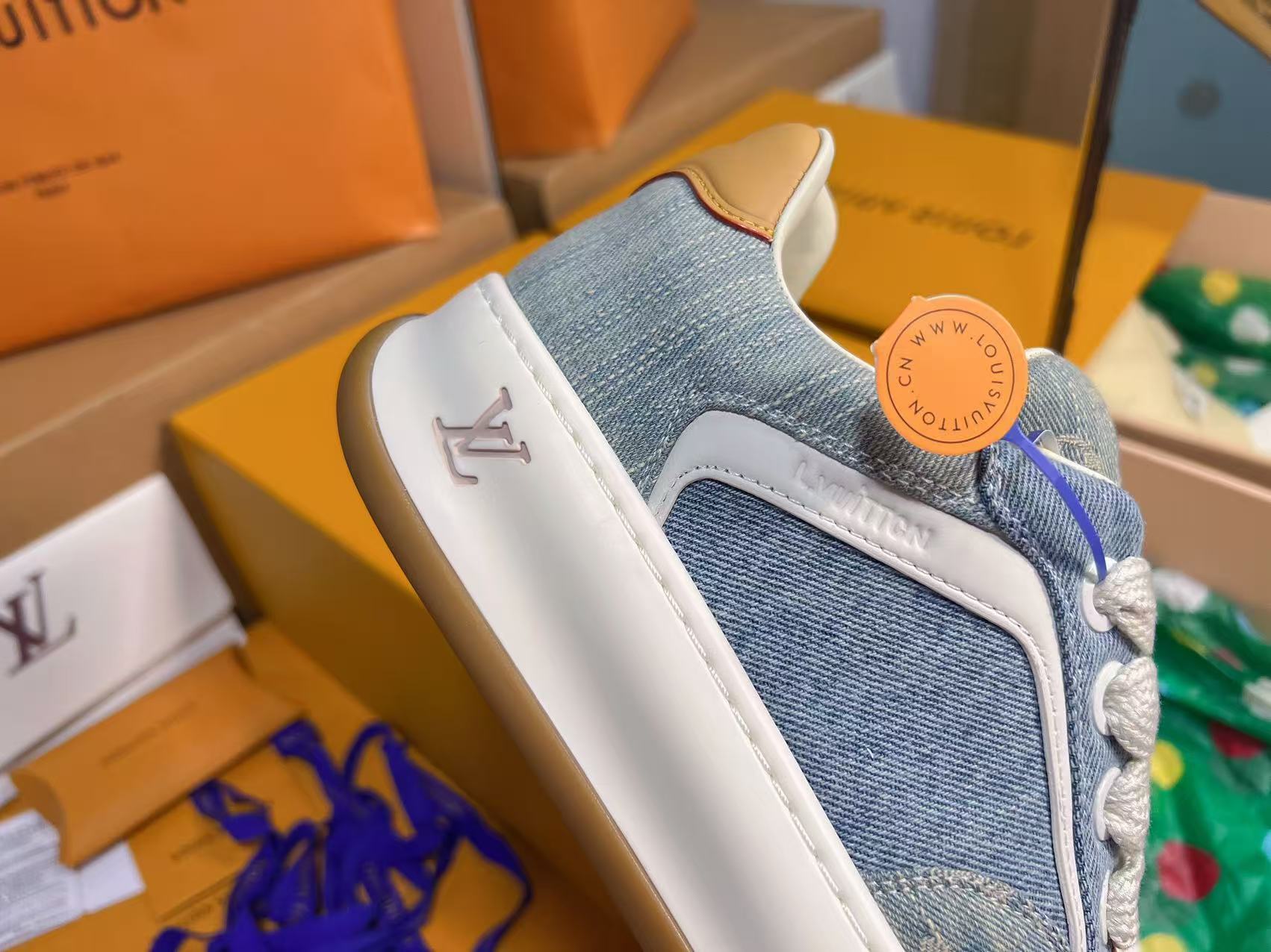 Light Blue Denim Print Skate Shoes Unisex Lace Up Casual Sneakers