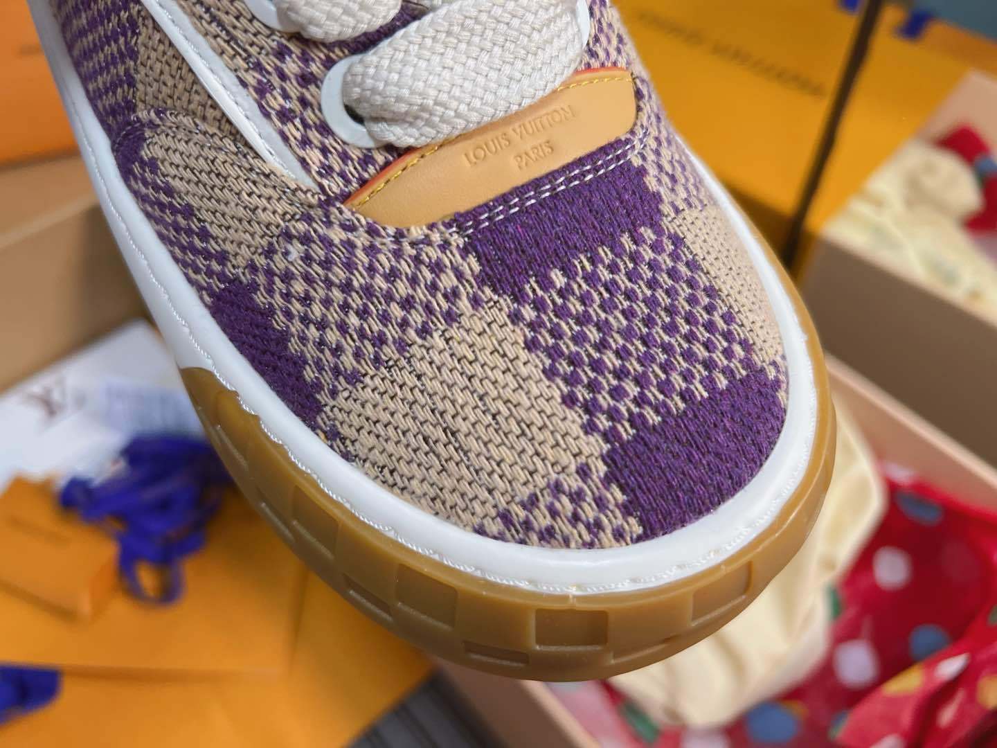 Purple Beige Plaid Knit Breathable Skate Shoes Unisex Lace Up Casual Sneakers